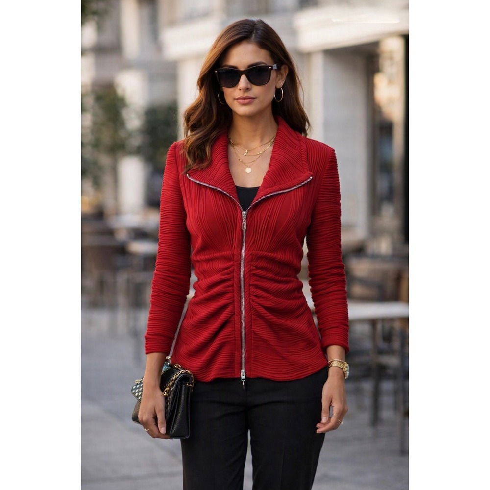 Joseph Ribkoff Red Women's sz 10 Textured Ruched Two-Way Zip Front Jacket